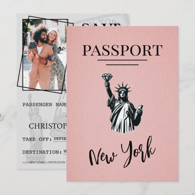 Pink New York City Passport Save The Date (Front/Back)