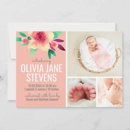 Pink Newborn Girl Photo Collage Floral Watercolor Save The Date
