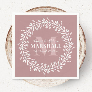 Pink Newlywed Couple Wreath Monogram Name Napkins