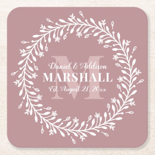 Pink Newlywed Couple Wreath Monogram Name Square Square Paper Coaster