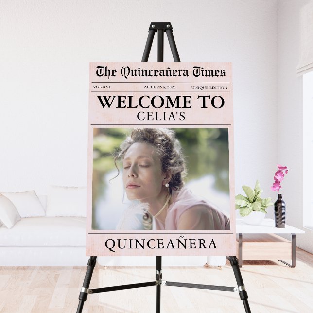 Pink newspaper photo quinceañera welcome foam board (Creator Uploaded)