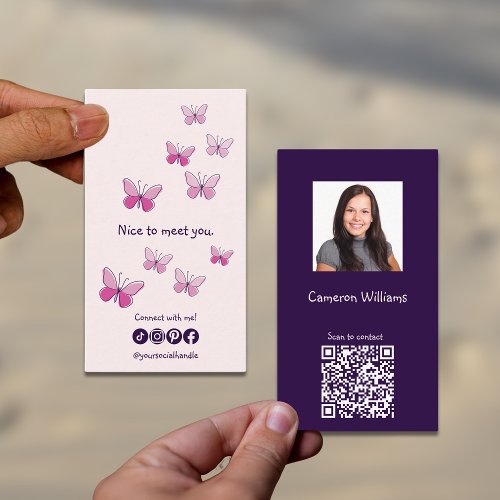 Pink Nice To Meet You QR Code Social Butterfly Business Card