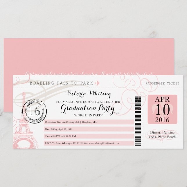 Pink Night in Paris Graduation Party Boarding Pass Invitation (Front/Back)