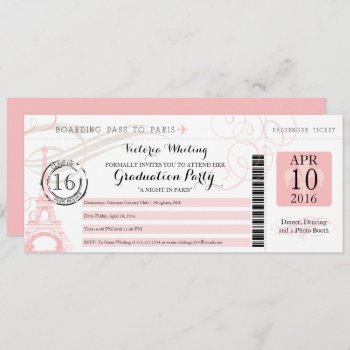 Pink Night In Paris Graduation Party Boarding Pass Invitation by labellarue at Zazzle