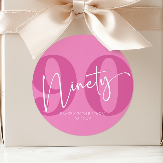 Pink Ninety 90th Ninetieth Birthday Party Favor Classic Round Sticker (Creator Uploaded)