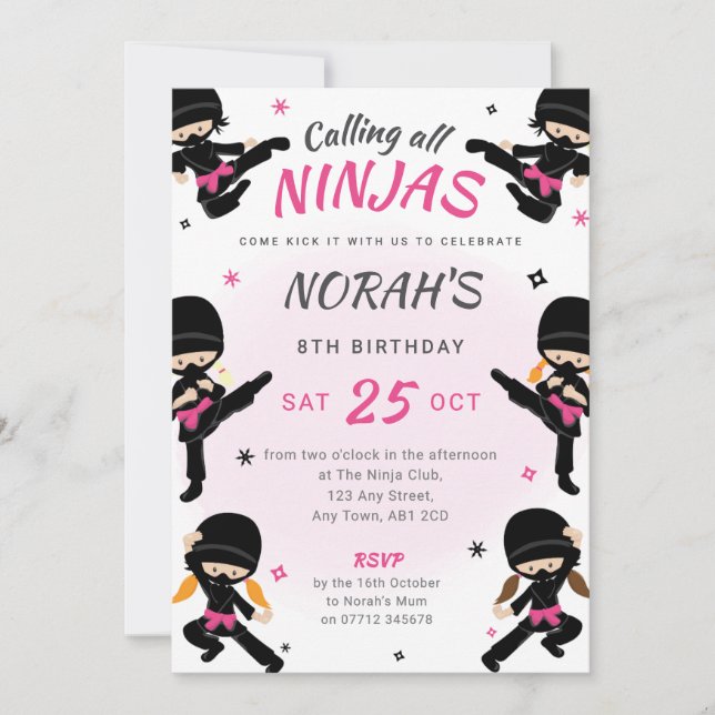 Pink Ninja Birthday Invite - Girls Karate Party (Front)