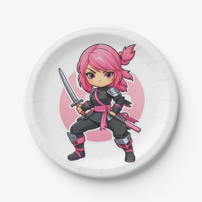 Pink Ninja Girl Paper Plates (Front)