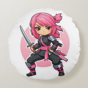 Pink Ninja Girl Round Pillow