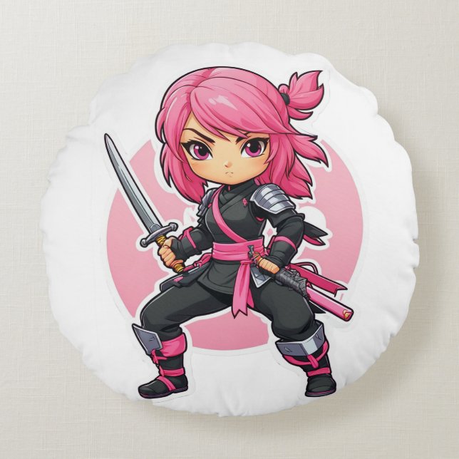 Pink Ninja Girl Round Pillow (Front)