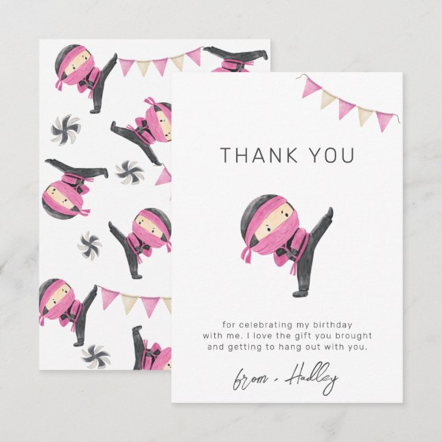 Pink Ninja Party Thank You Card (Front/Back)