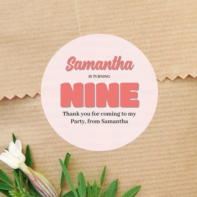 Pink Ninth Birthday Girl Party Floral Classic Round Sticker (Pink ninth birthday party favor sticker. )