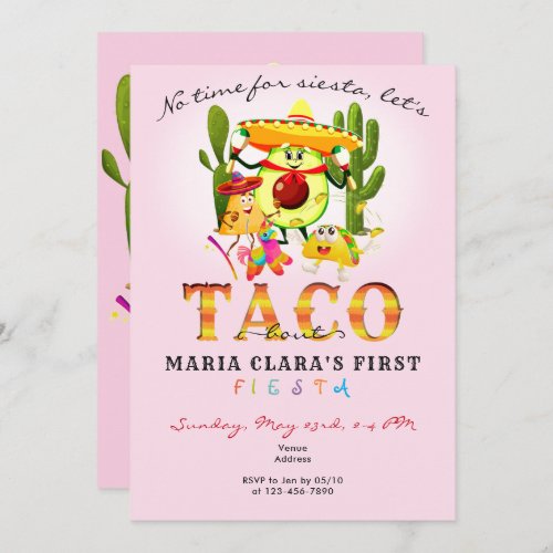 Pink No Time For Siesta First Fiesta 1st Birthday Invitation