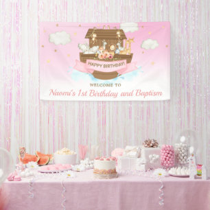 Pink Noah's Ark Baby Shower 1st Birthday Backdrop Banner