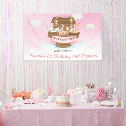 Pink Noahs Ark Baby Shower 1st Birthday Backdrop Banner