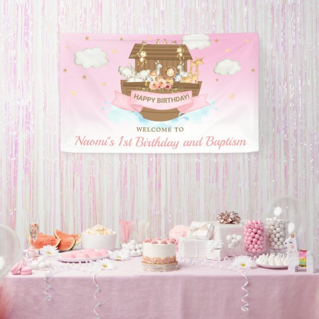 Pink Noah's Ark Baby Shower 1st Birthday Backdrop Banner (Party)