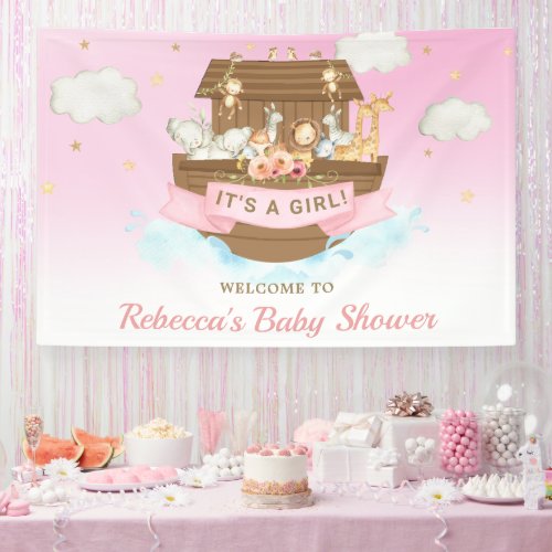 Pink Noahs Ark Baby Shower Birthday Backdrop Banner