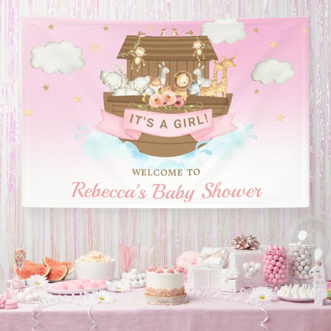 Pink Noah's Ark Baby Shower Birthday Backdrop Banner (Party)
