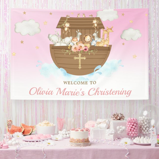 Pink Noah's Ark Christening Baptism Backdrop Banner (Party)