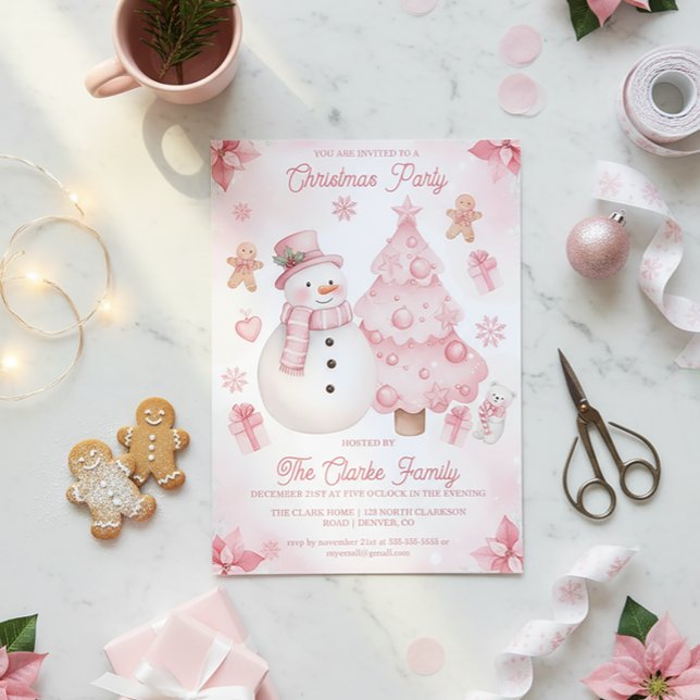 Pink Nontraditional Snowman Tree Christmas Party Invitation (Creator Uploaded)