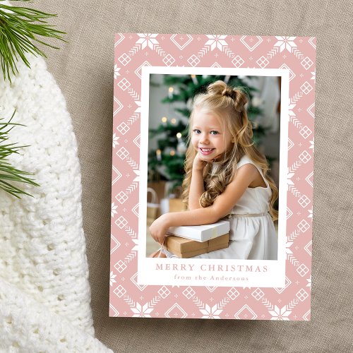 Pink Nordic Snowflake Pattern Photo Holiday Card