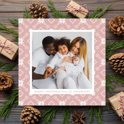 Pink Nordic Snowflake Pattern Photo Holiday Card