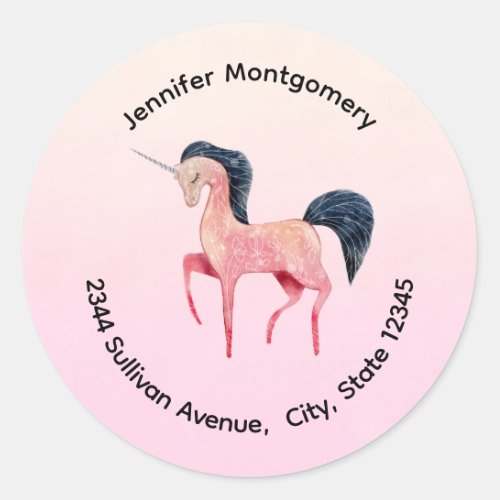 Pink Nordic Unicorn with Black Mane Address Classic Round Sticker
