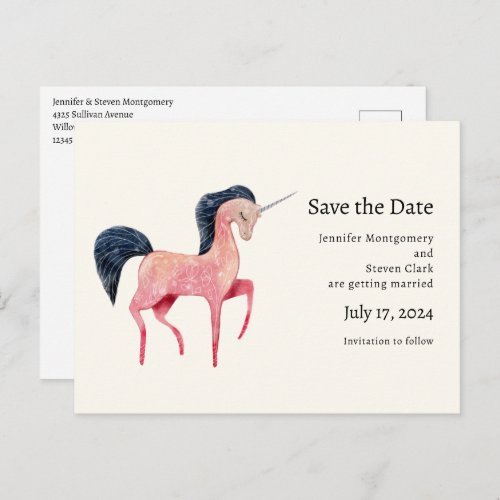 Pink Nordic Unicorn with Black Mane Announcement Postcard