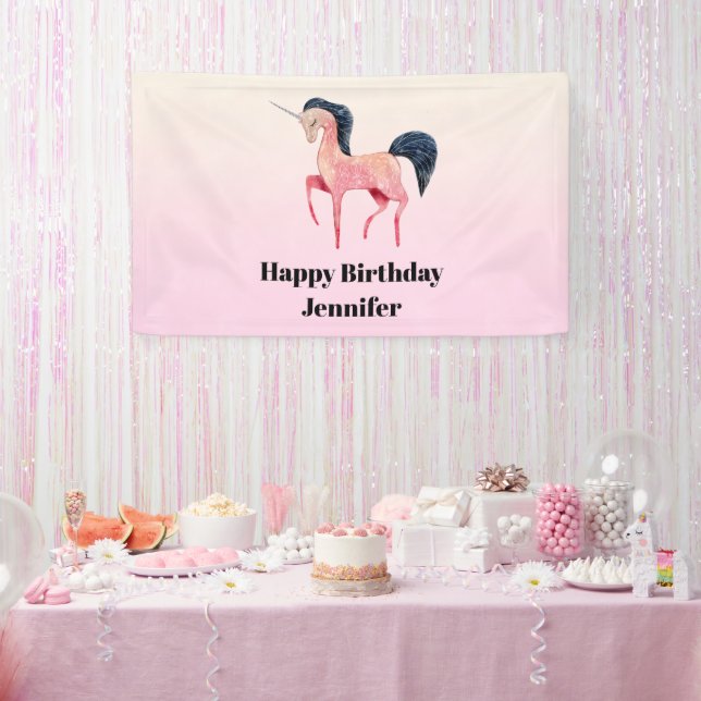 Pink Nordic Unicorn with Black Mane Birthday Banner (Party)