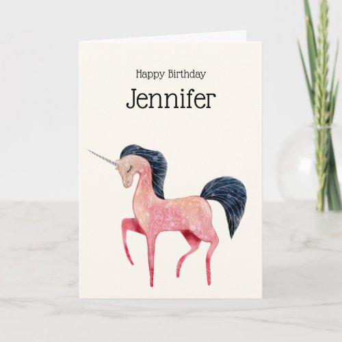 Pink Nordic Unicorn with Black Mane Birthday Card