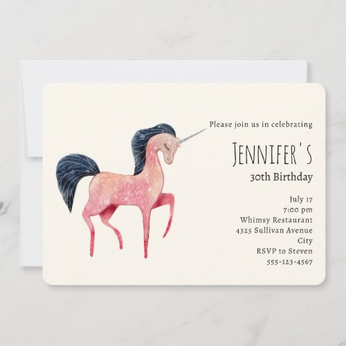 Pink Nordic Unicorn with Black Mane Birthday Invitation