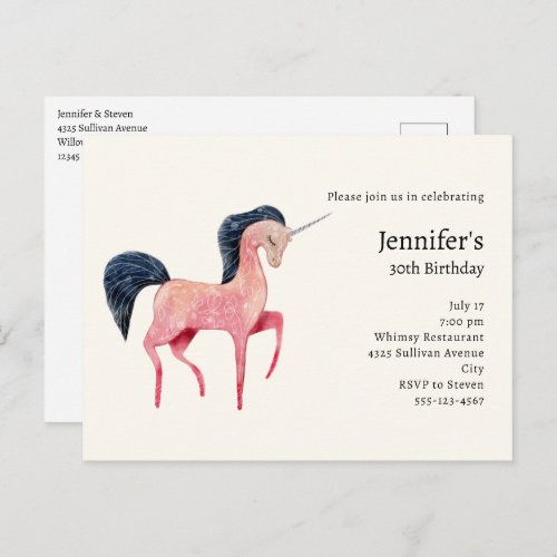 Pink Nordic Unicorn with Black Mane Birthday Invitation Postcard