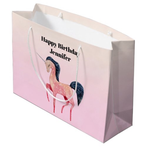 Pink Nordic Unicorn with Black Mane Birthday Large Gift Bag