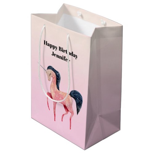 Pink Nordic Unicorn with Black Mane Birthday Medium Gift Bag