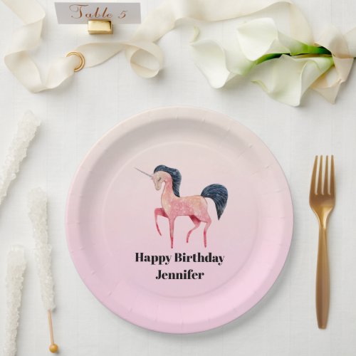 Pink Nordic Unicorn with Black Mane Birthday Paper Plates