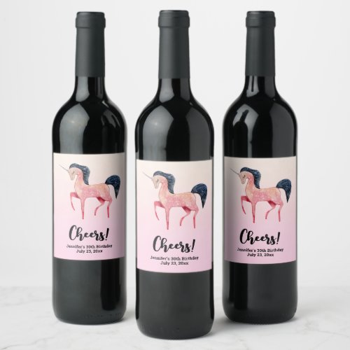 Pink Nordic Unicorn with Black Mane Birthday Wine Label