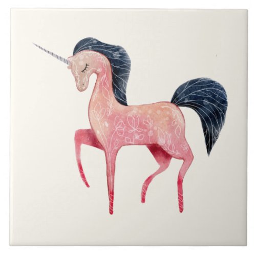Pink Nordic Unicorn with Black Mane Ceramic Tile