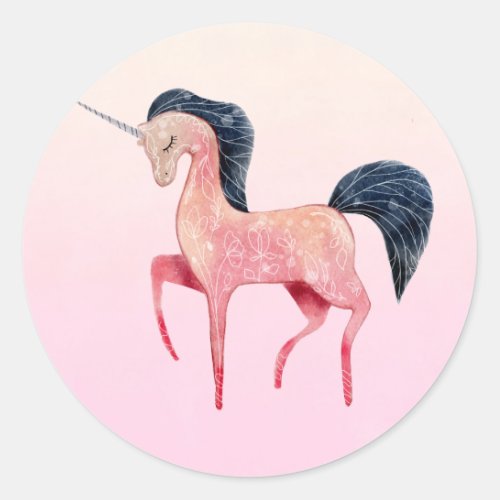 Pink Nordic Unicorn with Black Mane Classic Round Sticker