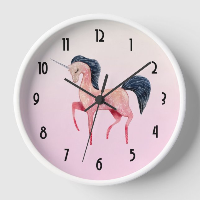 Pink Nordic Unicorn with Black Mane Clock (Front)
