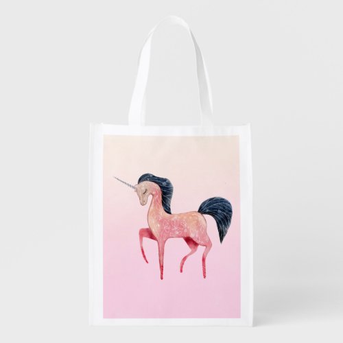 Pink Nordic Unicorn with Black Mane Grocery Bag