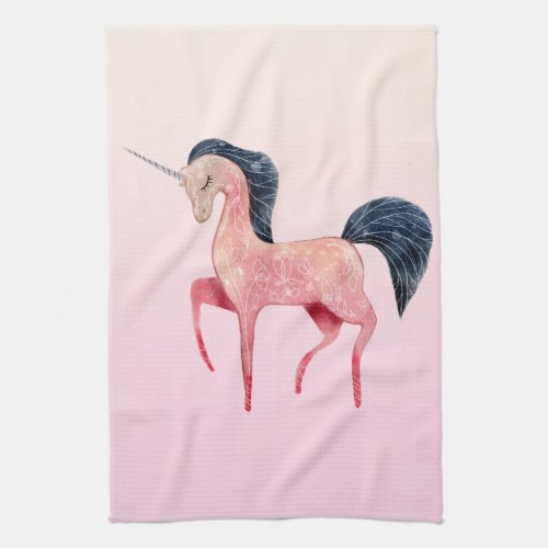 Pink Nordic Unicorn with Black Mane Kitchen Towel