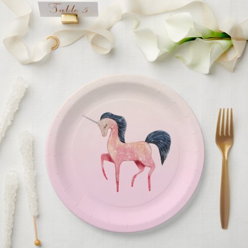 Pink Nordic Unicorn with Black Mane Paper Plates