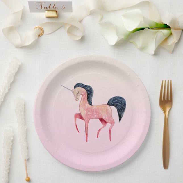 Pink Nordic Unicorn with Black Mane Paper Plates (Wedding)