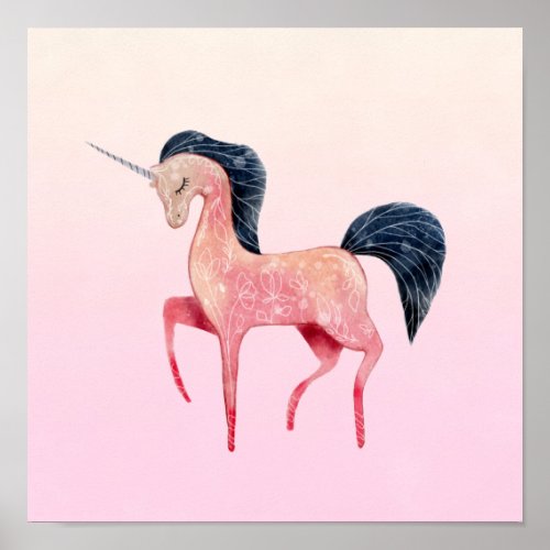 Pink Nordic Unicorn with Black Mane Poster