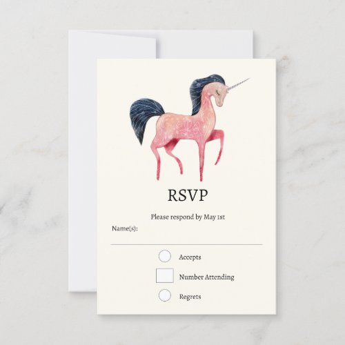 Pink Nordic Unicorn with Black Mane RSVP Card