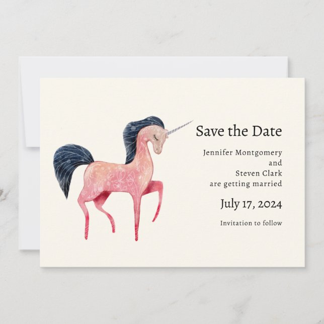 Pink Nordic Unicorn with Black Mane Save The Date (Front)