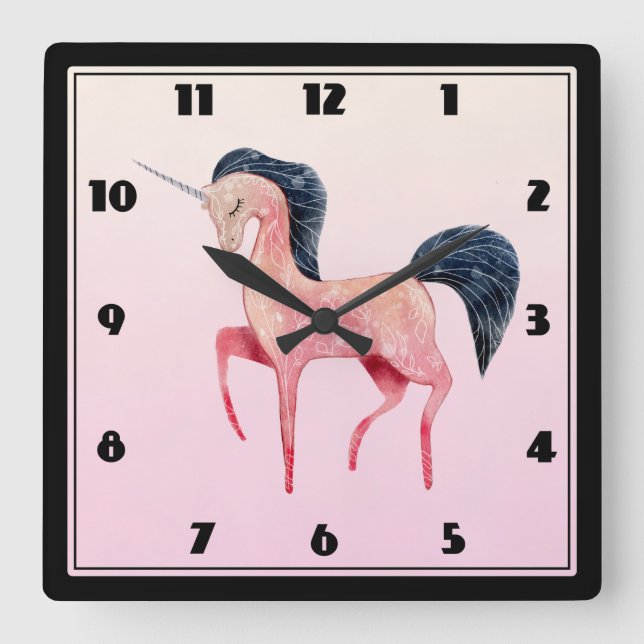 Pink Nordic Unicorn with Black Mane Square Wall Clock (Front)