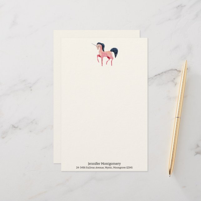 Pink Nordic Unicorn with Black Mane Stationery (Front/Back In Situ)