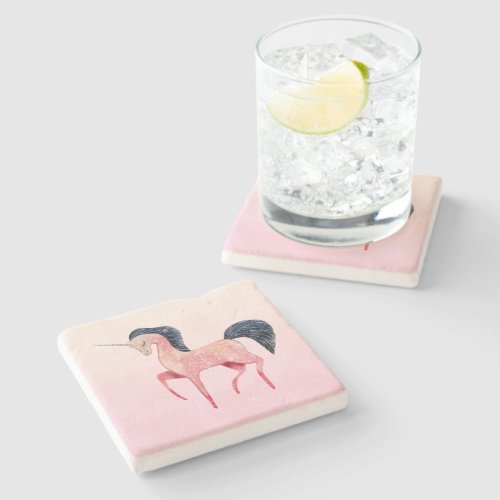 Pink Nordic Unicorn with Black Mane Stone Coaster