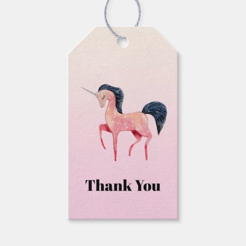 Pink Nordic Unicorn with Black Mane Thank You Gift Tags