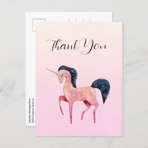 Pink Nordic Unicorn with Black Mane Thank You Postcard